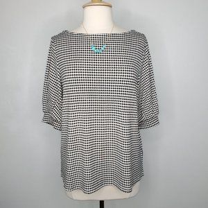 H & M Black White Houndstooth Stretchy Career Or Casual Elbow Puff Sleeve Top, L